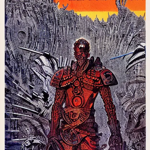 Image similar to Ashor, the Hero of Layban, Illustrated Poster, by Philippe Druillet #lunarpunk