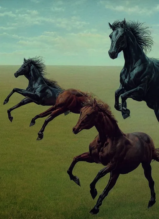 Image similar to three horses running in a field, by wayne barlowe,