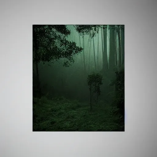 Image similar to deep jungle scene, dark atmosphere, dense fog, dark green tones