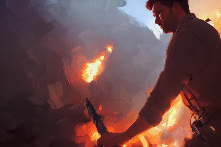 Image similar to a man fights an explosion with a knife, portrait, highly detailed, digital painting, artstation, concept art, smooth, sharp focus, illustration, cinematic lighting, art by artgerm and greg rutkowski and alphonse mucha