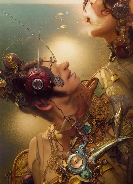 Image similar to hyper realistic fisherman, birds eye view, magical, gems, jewels, gold, steampunk, cyberpunk utopia, painted by tom bagshaw, mucha, gaston bussiere, craig mullins, j. c. leyendecker 8 k