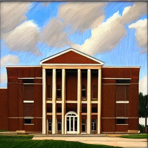 Image similar to “ painting of pinelands regional high school building, high renaissance style, hd, detailed, photorealistic, 4 k, award winning, michelangelo, leonardo da vinci ”