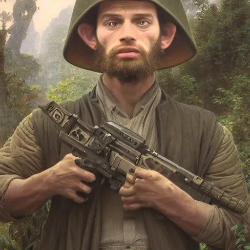 Image similar to an extremely detailed matte painting of a ridiculously good looking yoda that looks like a jewish gigachad in the vietnam war, wearing a ballistic helmet from patton, long curly hair, camouflaged gear, very detailed, jungles of vietnam beautiful, intricate, cinematic, artstation, william bouguereau, alphonse mucha, greg rutkowski, stanley kubrick, octane render