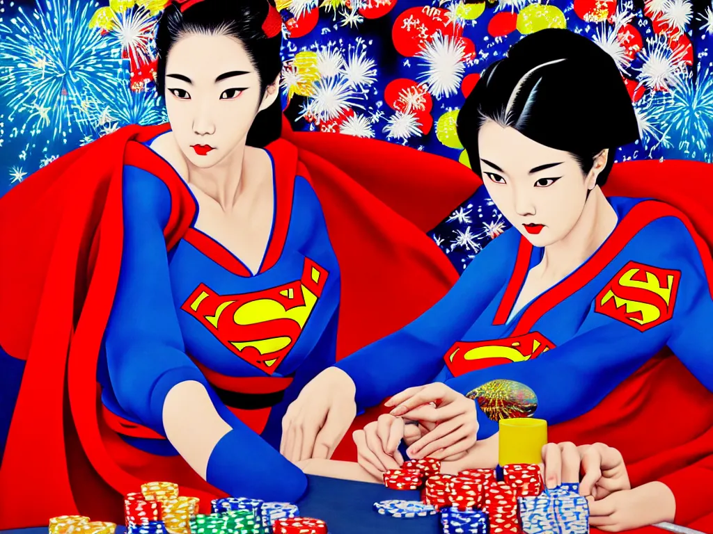 Prompt: hyperrealism composition of the detailed woman in a japanese kimono sitting at a poker table with superman, fireworks on the background, pop - art style, jacky tsai style, acrylic on canvas