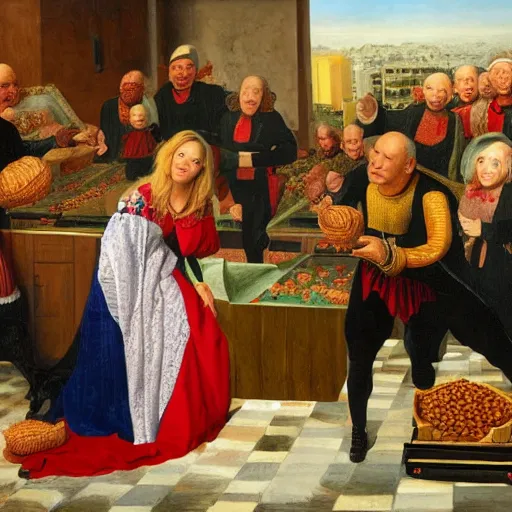 Image similar to painting of crouching Sara Netanyahu throwing peanuts at Benjamin Netanyahu, by Jan Van Eyck