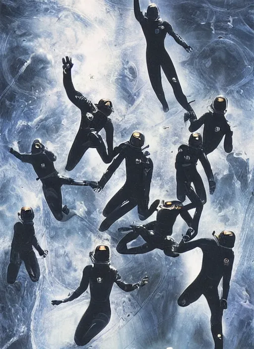 Image similar to astronauts divers in dark void underwater - complex and hyperdetailed technical suit design. reflection and dispersion materials. rays and dispersion of light. volumetric light. f / 3 2. noise film photo. flash photography. ultra realistic, 5 0 mm. poster by wayne barlowe, hajime sorayama aaron horkey, craig mullins