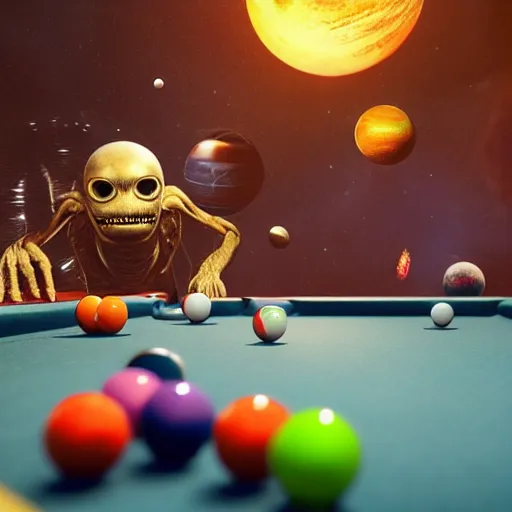 Image similar to planets of the galaxy as pool balls on a pool table with aliens holding pool sticks and drinking alien drinks movie still, cinematic, photorealistic, extreme detail, sharp focus, 8 k, intricate, hyper detailed, realistic, cinematic lighting