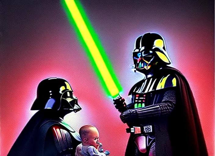 Prompt: hyperrealistic mixed media fine art painting of darth vader with red lightsaber drawn facing off against a cute baby, stunning 3d render inspired art by P. Craig Russell and Barry Windsor-Smith + perfect facial symmetry + dim volumetric lighting, 8k octane beautifully detailed render, post-processing, extremely hyperdetailed, epic composition, grim yet sparkling atmosphere, cinematic lighting + masterpiece, trending on artstation