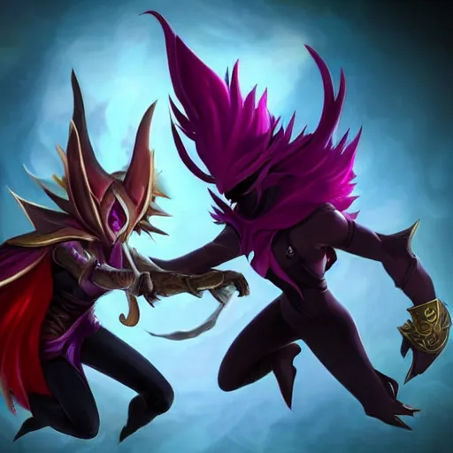 Image similar to league of legends characters, xayah and kai'sa, hyperrealistic