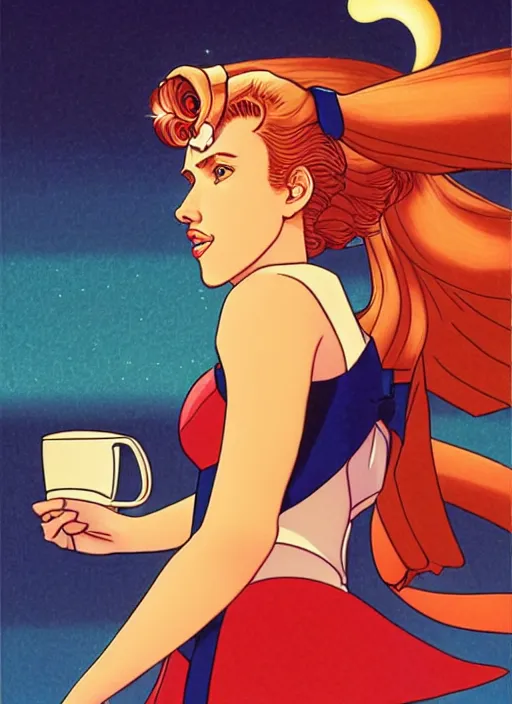 Image similar to realistic portrait of scarlett johansson as a sailor moon, making the coffee, early morning, light falling on face, futuristic, highly detailed, 8 0 - s style poster, sharp focus, illustration, art by kawase hasui,