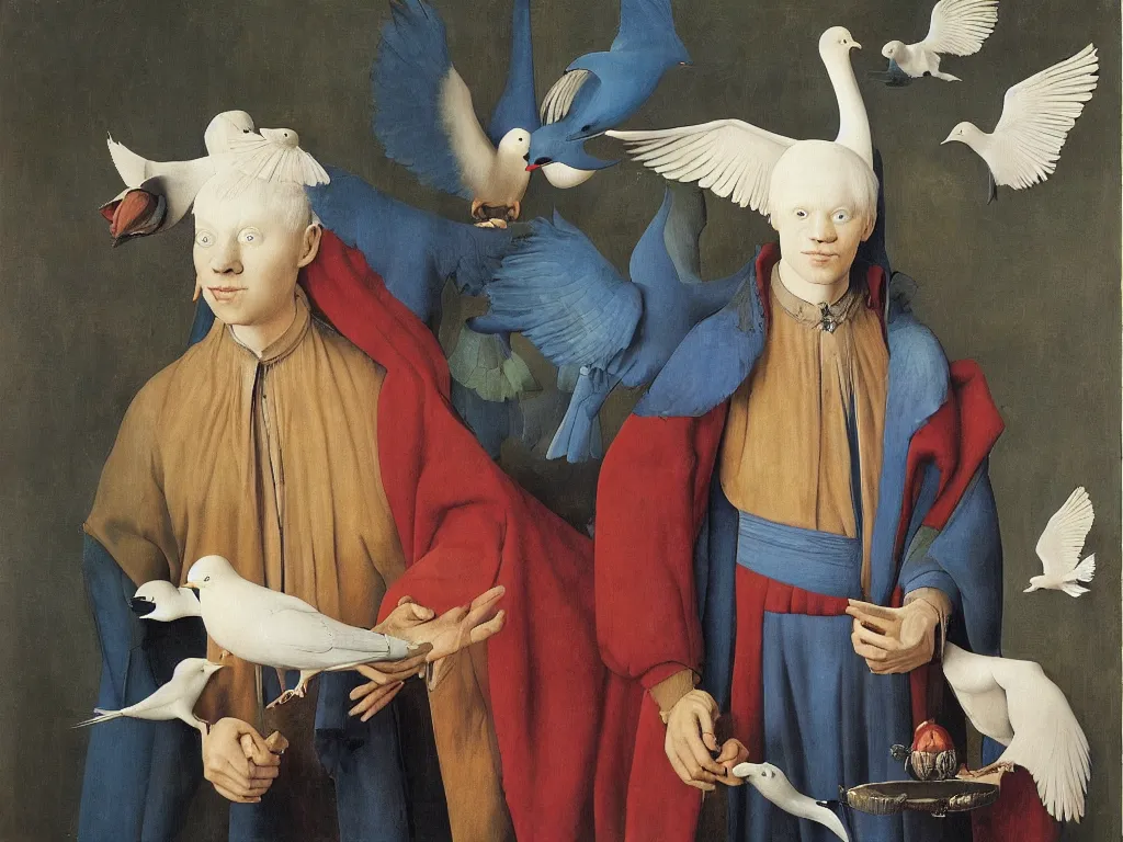 Image similar to Portrait of albino mystic with blue eyes, with beautiful exotic dove. Painting by Jan van Eyck, Audubon, Rene Magritte, Agnes Pelton, Max Ernst, Walton Ford