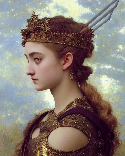 Prompt: a 16-year old girl who resembles Ana de Armas and Saoirse Ronan, dressed in ornate, detailed, intricate iridescent opal armor, detailed oil painting by William Adolphe Bouguereau and Donato Giancola