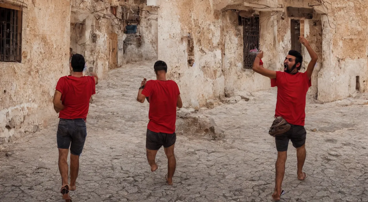 Prompt: a tunisian man, with a brown and shorts hairtcut, screaming at pictures of countries, vivid colors, soft lighting, atmospheric, cinematic, moody, 8 k