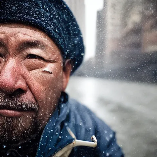 Prompt: closeup portrait of a man fishing in a rainy new york street, photography, world press photo