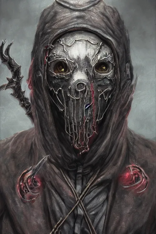 Prompt: a full body high detail fantasy portrait oil painting illustration of slipknot band bloodborne by justin sweet with face and body clearly visible, in a scenic background, insane, realistic proportions, d & d, rpg, forgotten realms, artstation trending, high quality, sombre mood, artstation trending, muted colours, entire person visible!