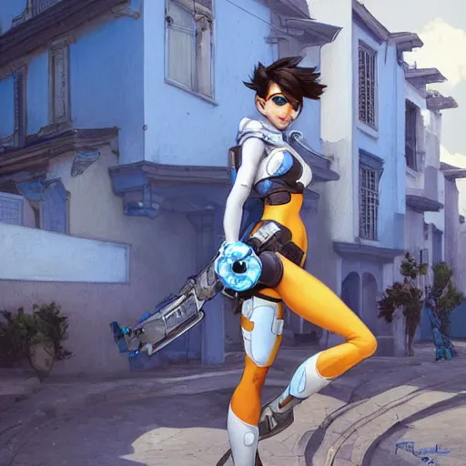 Image similar to tracer from overwatch travels in tetouan streets, blue and white houses in the background, highly detailed, digital painting, artstation, concept art, smooth, sharp focus, illustration, art by artgerm and greg rutkowski and alphonse mucha