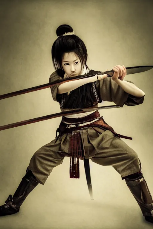 Image similar to highly detailed beautiful photo of a young female samurai, practising sword stances, symmetrical face, beautiful eyes, realistic anime art style, 8 k, award winning photo, pastels, action photography, 1 / 1 2 5 shutter speed, dramatic lighting