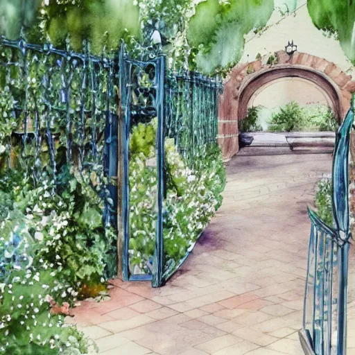 Image similar to delicate, garden, paved, botanic watercolors, iridescent, 8 k, realistic shaded, fine details, artstation, italian, chairs, iron gate, pine maritime, mediterranean