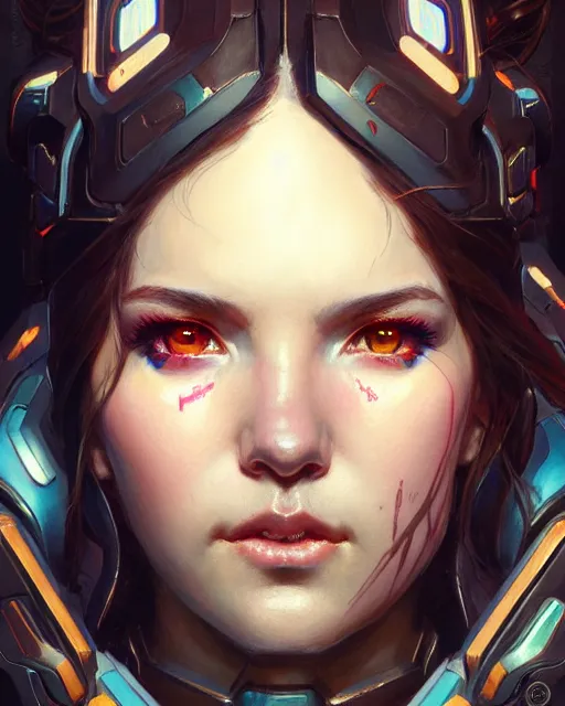 Image similar to d. va from overwatch, character portrait, portrait, close up, concept art, intricate details, highly detailed by greg rutkowski, michael whelan and gustave dore