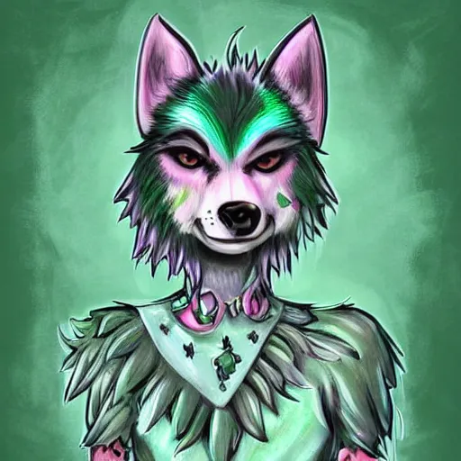 Image similar to Beautiful digital painting of an anthro anthropomorphic pastel-green wolf, Punk outfit. Western comic book style, inked, cute, cozy