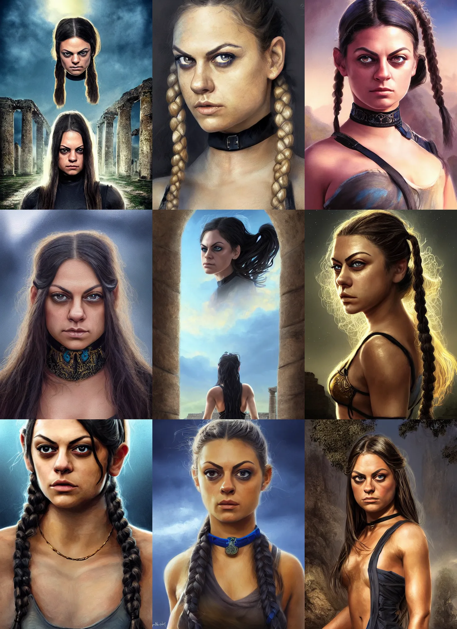 Prompt: portrait of young muscled Mila Kunis with pigtails hair and bright blue eyes looking directly into the camera, wearing black choker, walking out epic ancient ruins, golden hour, intricate, elegant, highly detailed, centered, sharp digital painting, artstation, concept art, smooth, sharp focus, illustration, Allan Lee, John Howe