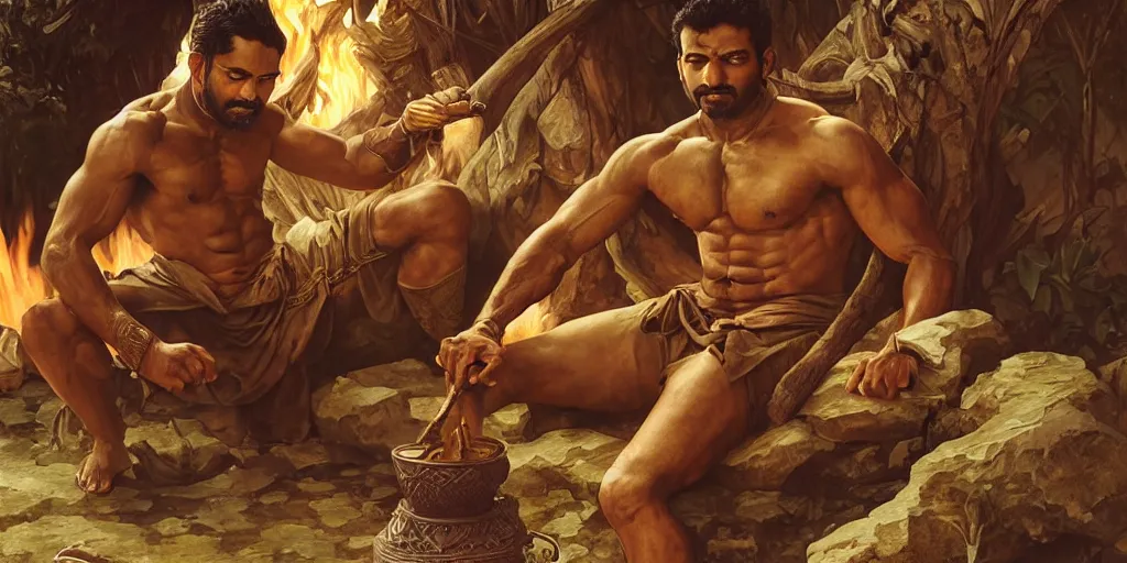 Image similar to Rugged male Sri Lankan warrior relaxing by the fire, relaxed, muscular, upper body, fantasy, intricate, elegant, highly detailed, digital painting, artstation, concept art, smooth, sharp focus, illustration, art by artgerm and greg rutkowski and alphonse mucha