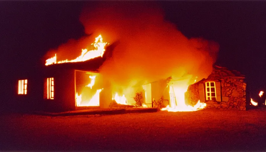 Image similar to 1 9 7 0 s movie still of a burning french style little house in a small northern french village by night in autumn, cinestill 8 0 0 t 3 5 mm, heavy grain, high quality, high detail, dramatic light, anamorphic, flares