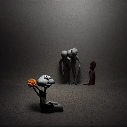 Image similar to the shame, surrealistic detailed claymation art, dark, moody, foggy