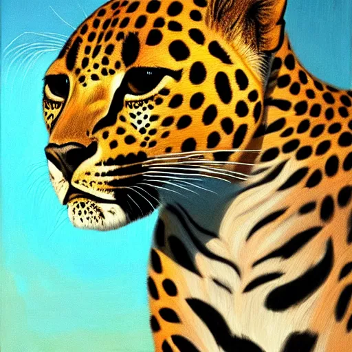 Image similar to graceful leopard in summer nigt, beautiful colour palette, oil paint on canvas, sharp textures, biotechnology, nikolay georgiev, alex ross, bruce pennington, donato giancola, larry elmore, masterpiece, trending on artstation, featured on pixiv, cinematic composition, sharp, details, hyper - detailed, hd, hdr, 4 k, 8 k