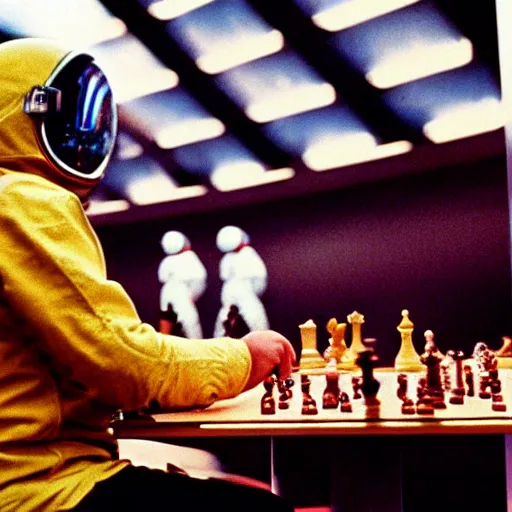 Image similar to Space odyssey astronaut playing chess in the shining by stanley kubrick, shot by 35mm film color photography