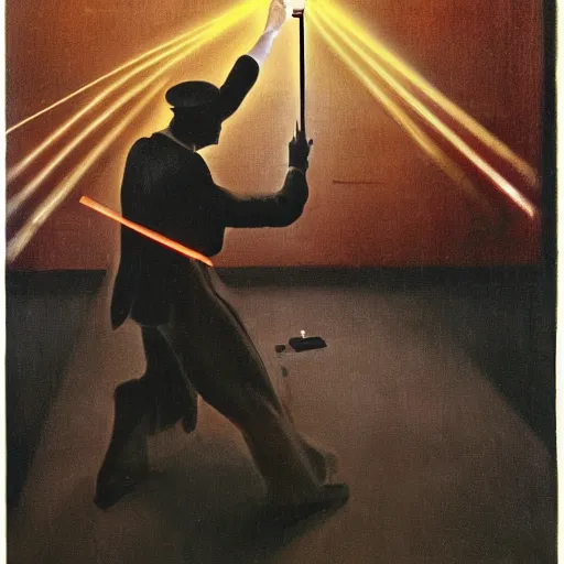 Prompt: a crazy man shooting fluorescent light rays out of his eyes, matte painting, masterpiece, by Francis Bacon