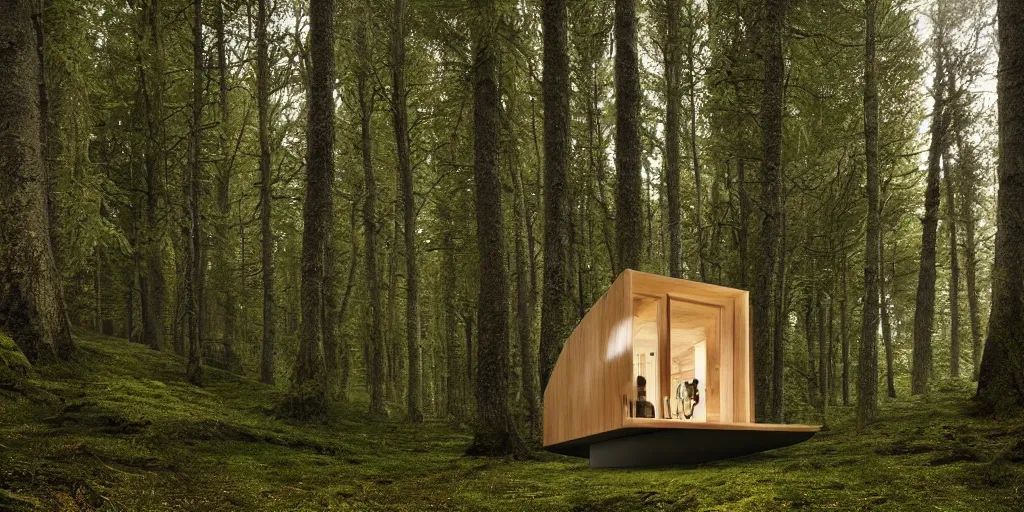 Image similar to modern tiny house in an ominous forest designed by zaha hadid, cinematic lighting, deep focus, sharp focus, golden ratio, dramatic illumination, hdr, ultra realistic, 8 k, highly detailed, trending on artstation, epic composition, by caravaggio, by artemisia lomi gentileschi