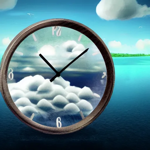 Image similar to a clock floating on an floating island, there are clouds around, it is on earth, on the background there are other floating islands too, floating at the ozone layer, cartoony, 4 k resolution, award winning