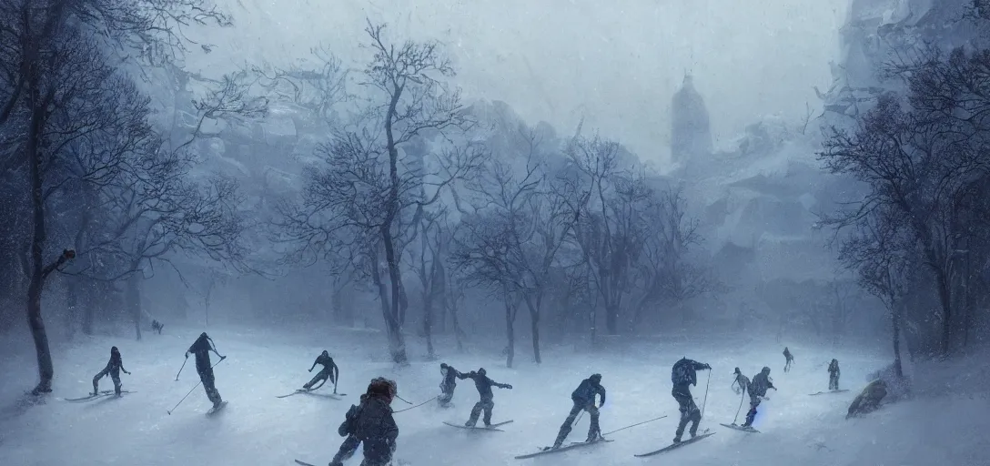 Image similar to famous photo of the blizzard in oslo, people skiing, hyper detailed, 8k, james gurney, greg rutkowski, john howe, artstationf