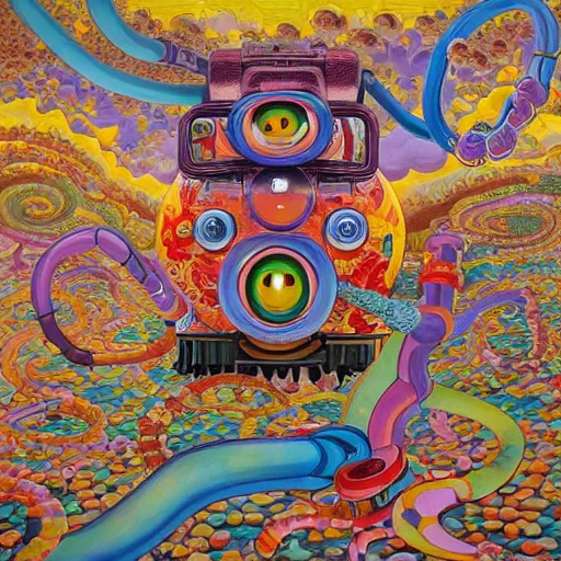 Image similar to beautiful painting of anthropomorphic steam railway engine monster truck snake oil salesman cowboy caveman hydra, neo - andean architecture art by takashi murakami, art by lisa frank, art by jacek yerka, art by victor moscoso. lifelike mechanical eyes. locomotive snake. trending on artstation, hyperrealism, 1 0 k