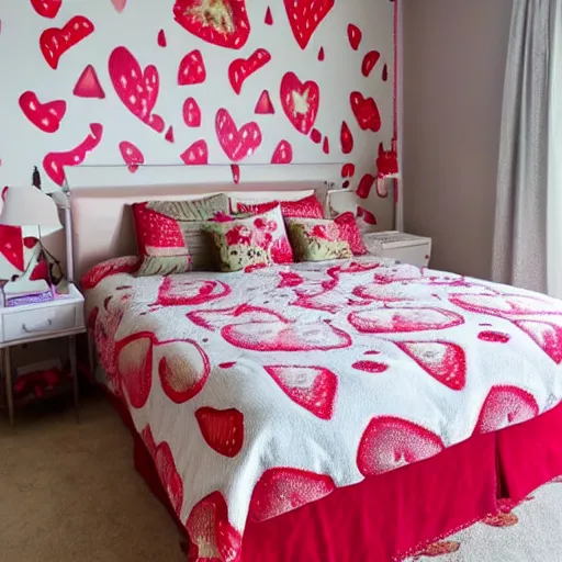 Image similar to deisgner photography of bedroom themed to strawberry motif. bed has strawberry blankets. wall has strawberry pattern. furniture has strawberry motif. furniture is shaped like strawberries. carpet has strawberry motif. lighting has strawberry shapes.