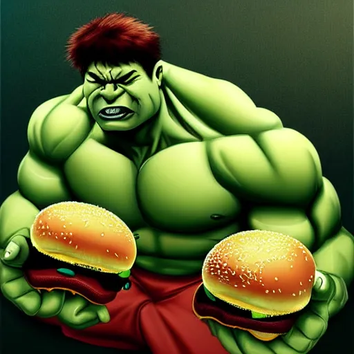 Prompt: Hulk with a sad expression, sitting in a restaurant eating a hamburger, digital art, trending on artstation