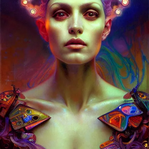 Image similar to extremely psychedelic beautiful cyborg queen of lsd. intricate, elegant, highly detailed, extremely lifelike photorealistic digital painting, artstation. steichen, gaston bussiere, tom bagshaw, cyberpunk alphonse mucha. dark pallet, melancholy. anatomically correct in every way. sultry. sharp focus. soft light.