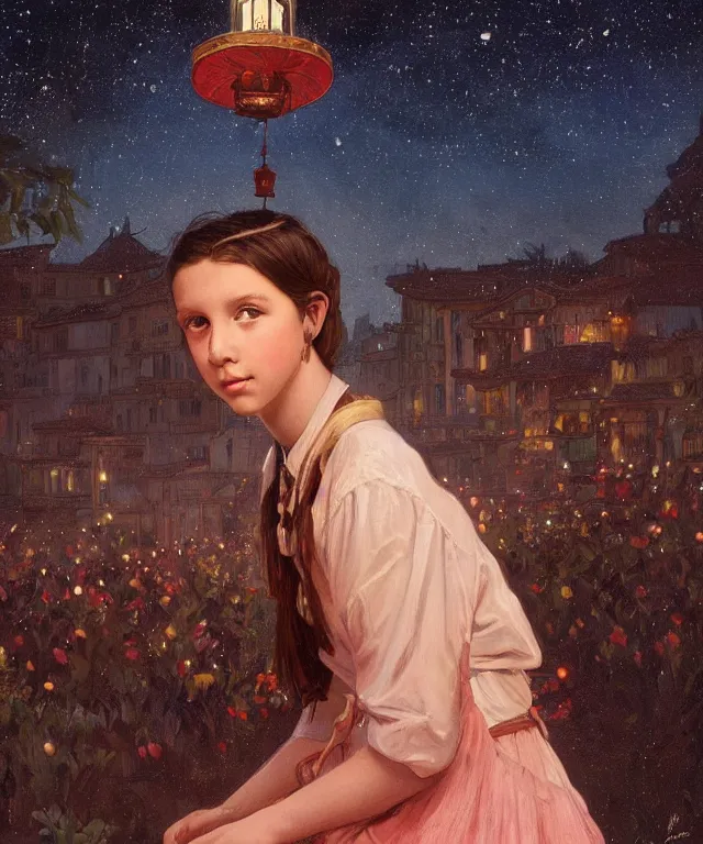 Image similar to a beautiful painting of a girl resembling millie bobby brown in front of the lantern festival in a an ancient italian town, at night with a sky full of stars, intricate, elegant, highly detailed, digital painting, artstation, concept art, by krenz cushart and artem demura and alphonse mucha