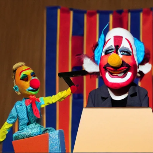 Image similar to puppet show with a puppeteer using a president with clown makeup in a podium