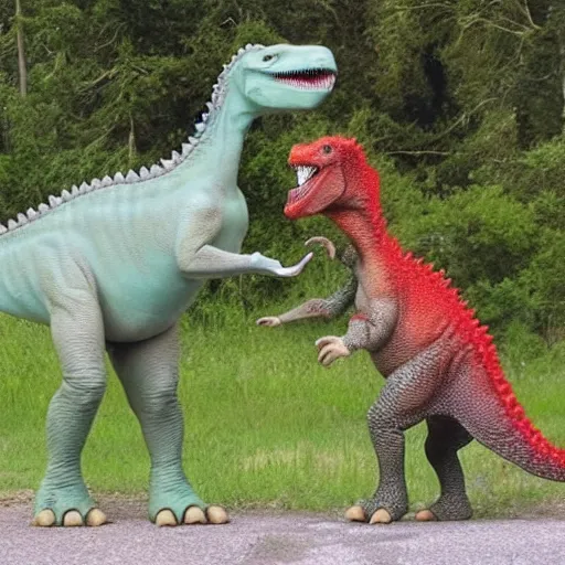 Prompt: two dinosaurs kissing