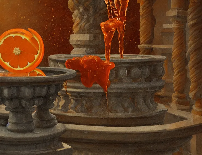 Prompt: carved marble fountain with orange soda instead of water. oil painting, indie concept art, bloom, chiaroscuro, backlighting, intricate details, depth of field.