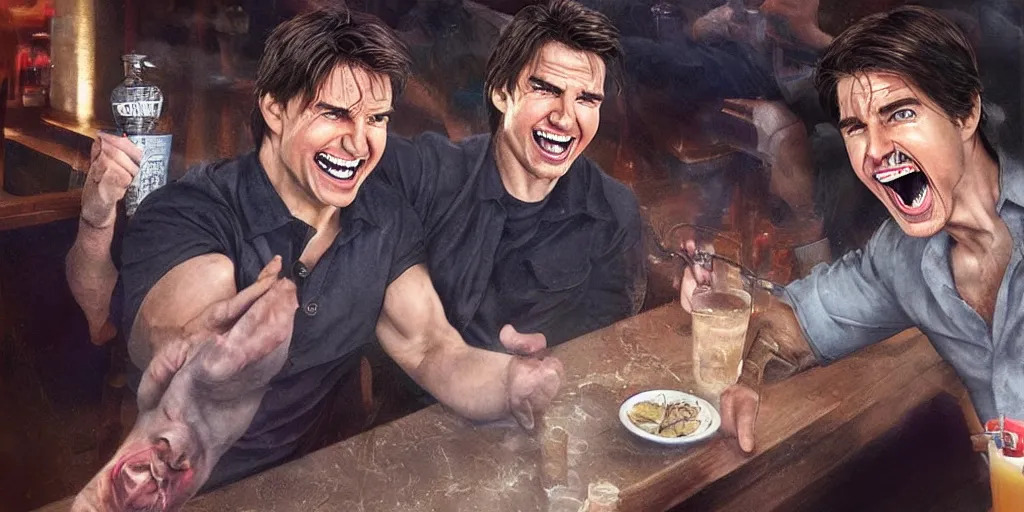 Prompt: hyper realistic tom cruise hanging out with tom cruise at a bar, all overly excited, jaw unhinged with laughter and smiling, all teeth, kinda disturbing but really funny, tom has evil eyes, like super evil looking, by greg rutkowski, scott m fischer, artgerm, loish, slight glow, atmospheric, anne stokes, alexandros pyromallis