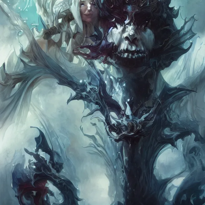 Image similar to portrait of a demon lord of the abyss, painted, 4k art by artgerm and greg rutkowski and alphonse mucha and craig mullins and James Jean and Andrei Riabovitchev and Marc Simonetti and peter mohrbacher, trending on artstation, octane render, dramatic lighting, masterpiece artwork, symmetrical face in painting