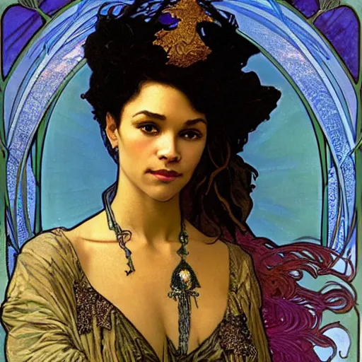 Image similar to thandiwe newton portrait by louis - theophile hingre and alphonse mucha, realistic, sharp focus, zodiac signs, tarot cards, planets, ethereal, art nouveau, magic, moon, sun, crown, dreamy, royal, jewellery