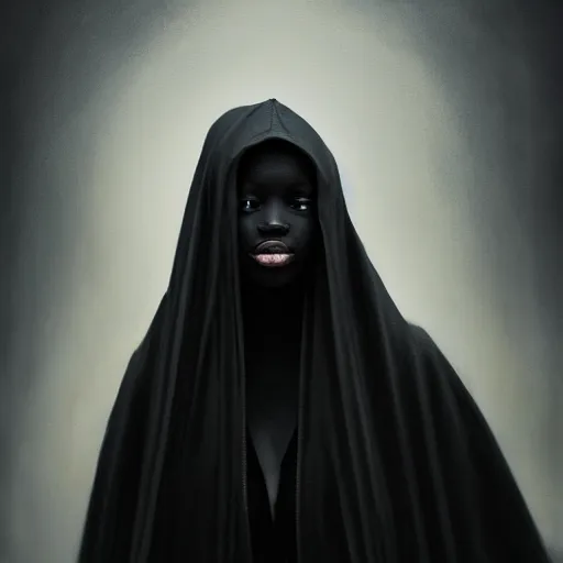 Image similar to a portrait of a young black woman wearing a long dark cloak, hood and shadows covering face, anatomically correct, beautiful perfect face, enigmatic, oil painting, matte painting, black background, Volumetric dynamic lighting, Highly Detailed, Cinematic Lighting, Unreal Engine, 8k, HD, by Beksinski