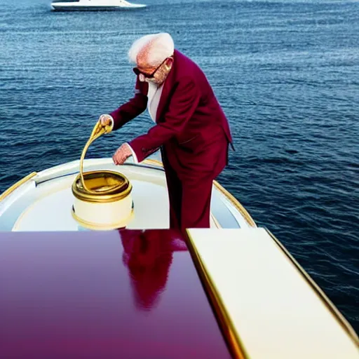 Image similar to wrinkled hunchbacked old man in burgundy suit, polishing painting the side of a gold plated mega yacht with a cloth, maintenance photo