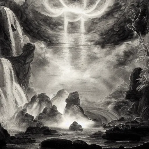 Image similar to oil painting of a dragon with black and white stripes flying in the air near a cave with a waterfall in the center, light emanating from the waterfall leading to a big pool of water, elegant, sharp focus, wide shot, clear, detailed, early renaissance