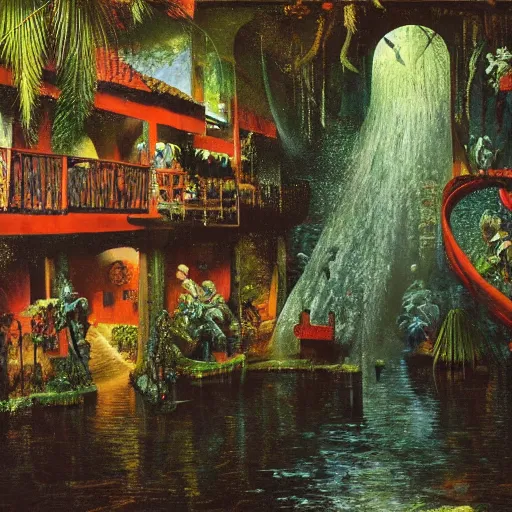 Image similar to high quality, high detail painting, dutch masterpiece, fluxus, film noir, ernst haekl, empty scene in las pozas with quetzalcoatl at night, hd, muted lighting