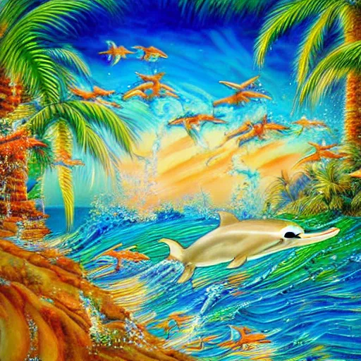 Image similar to dolphins leaping out of water in bay with sandy beach and palm trees, beautiful detailed painting in the style of josephine wall 4 k